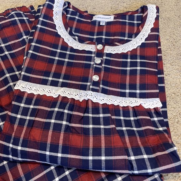 Cuddledown Plaid Flannel Pajamas Size XXL Red Navy Eyelet Prairie Grannycore - Picture 2 of 10